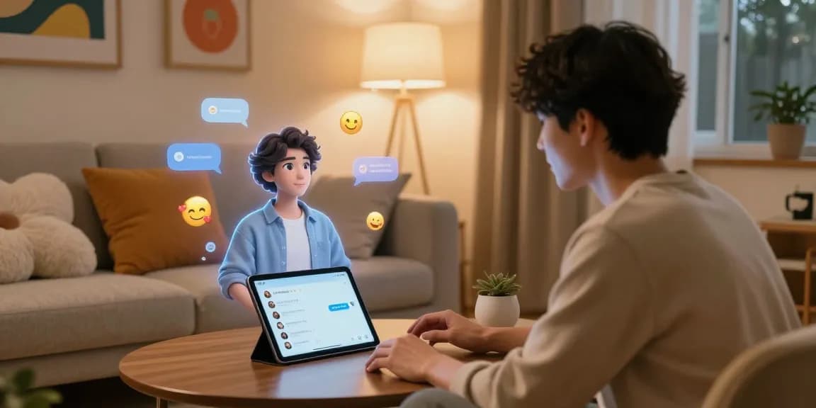 Engaging scene with user chatting with CrushOn AI character in cozy room, showcasing interactive AI experience.