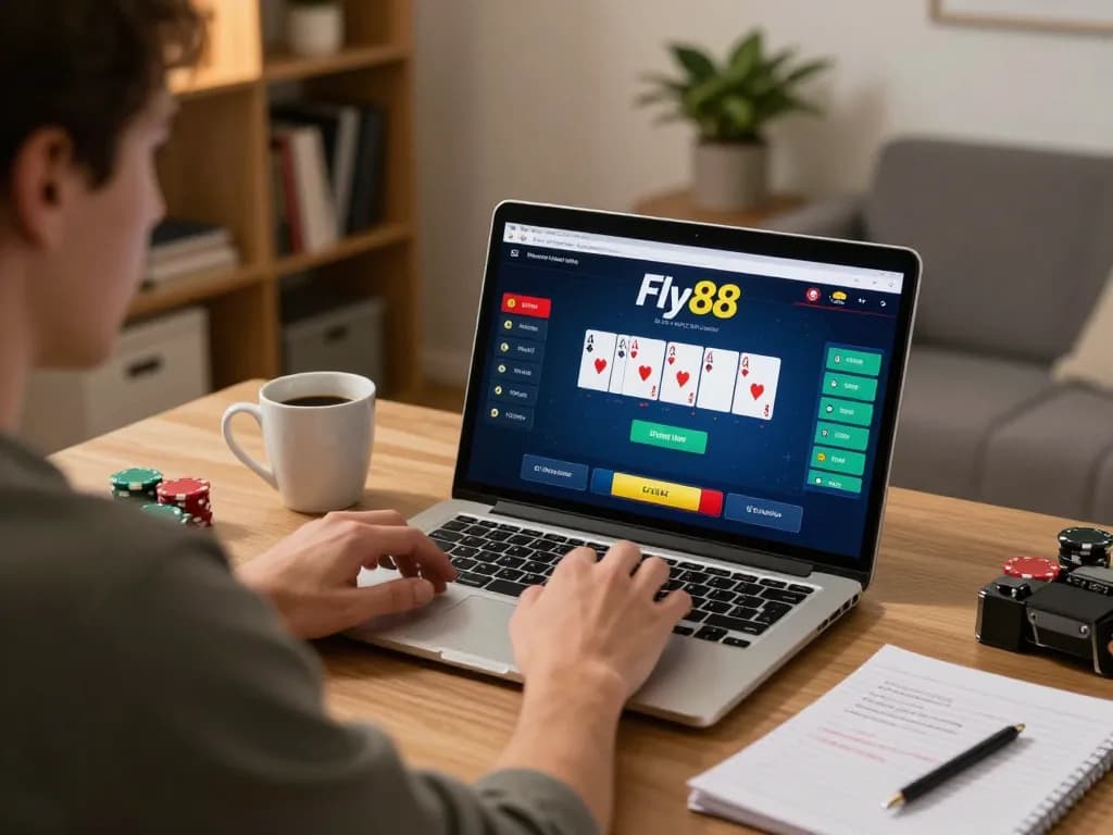 Player engrossed in the fly88 poker game on a laptop, showcasing strategic online gambling