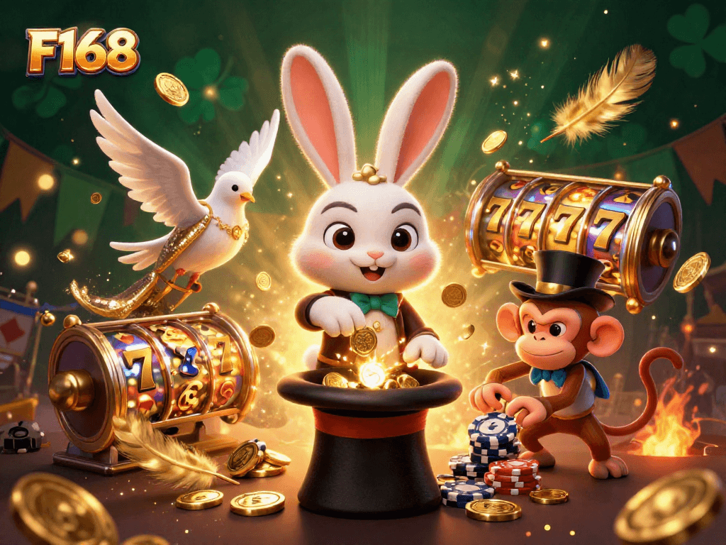 Experience the magic of F168 with playful characters and casino elements in a vibrant casino scene.