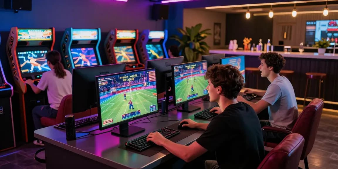 Exciting gaming lounge scene illustrating go99's immersive betting experience featuring friends engaged in casino and sports games.