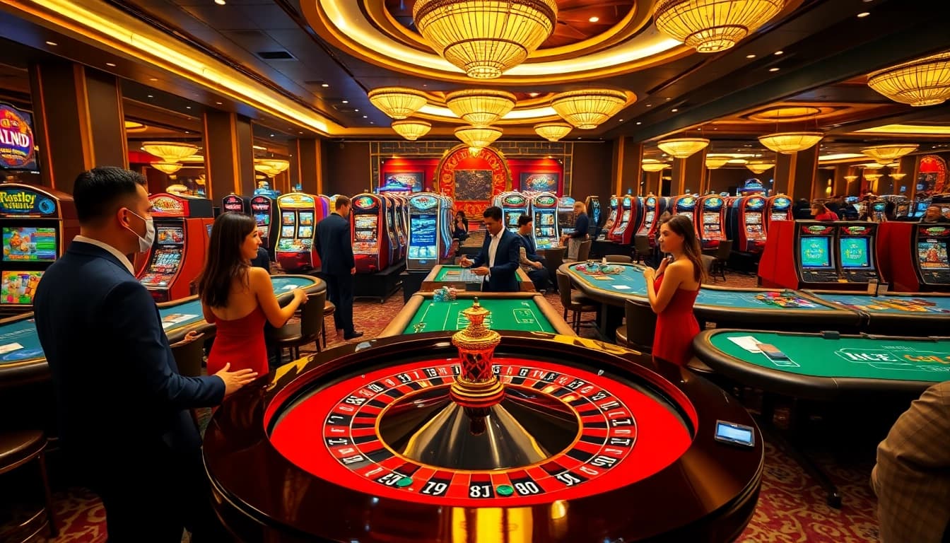 Experience the thrill of RR88 with luxurious casino elements like roulette, cards, and vibrant atmosphere.