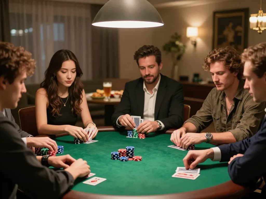 HB88 players enjoying a strategic poker game with chips and cards in an inviting home setting