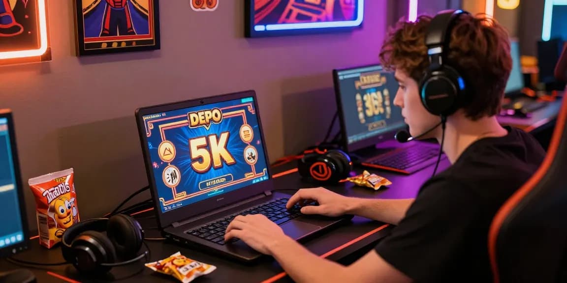 Player enjoying thrilling slot depo 5k online gaming experience with vibrant graphics and cozy atmosphere.