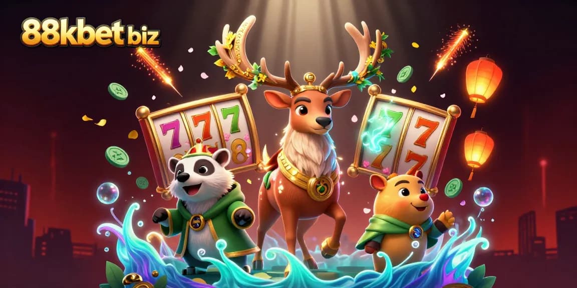 Engage with the 88kbet biz illustration, featuring rich 3D graphics of casino elements and magical characters.