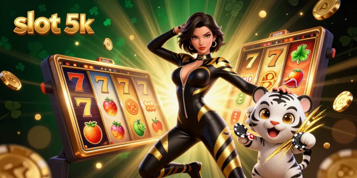 Experience the thrill of slot 5k with dynamic reels and an acrobat in a vibrant casino scene.