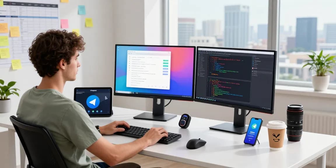 Developer using telegram官网 in a modern workspace with multiple monitors and vibrant tech elements.