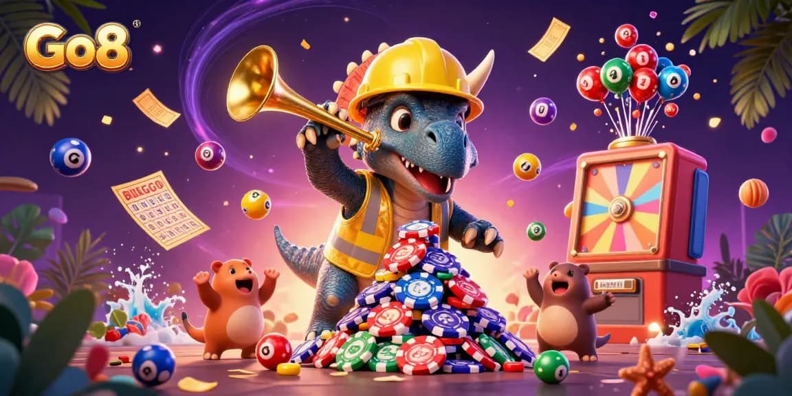 Go8 showcases fun casino-themed characters celebrating with lottery balls and prizes in a vibrant 3D illustration.