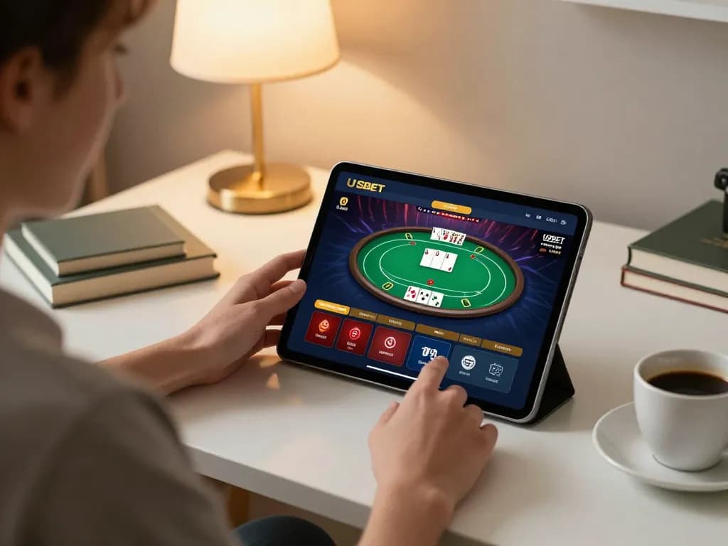 Engaging player using USBET app to strategize with online poker game in a cozy home setting
