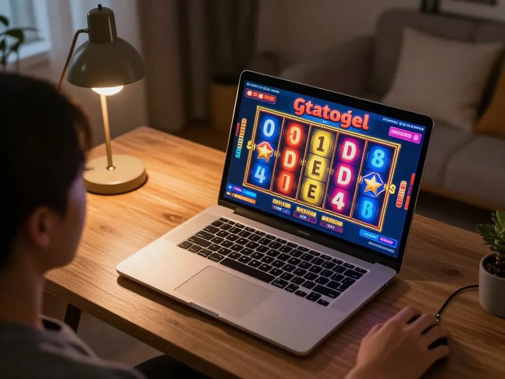 Engaging in gtatogel online slot gameplay with vivid reels and a cozy home setting