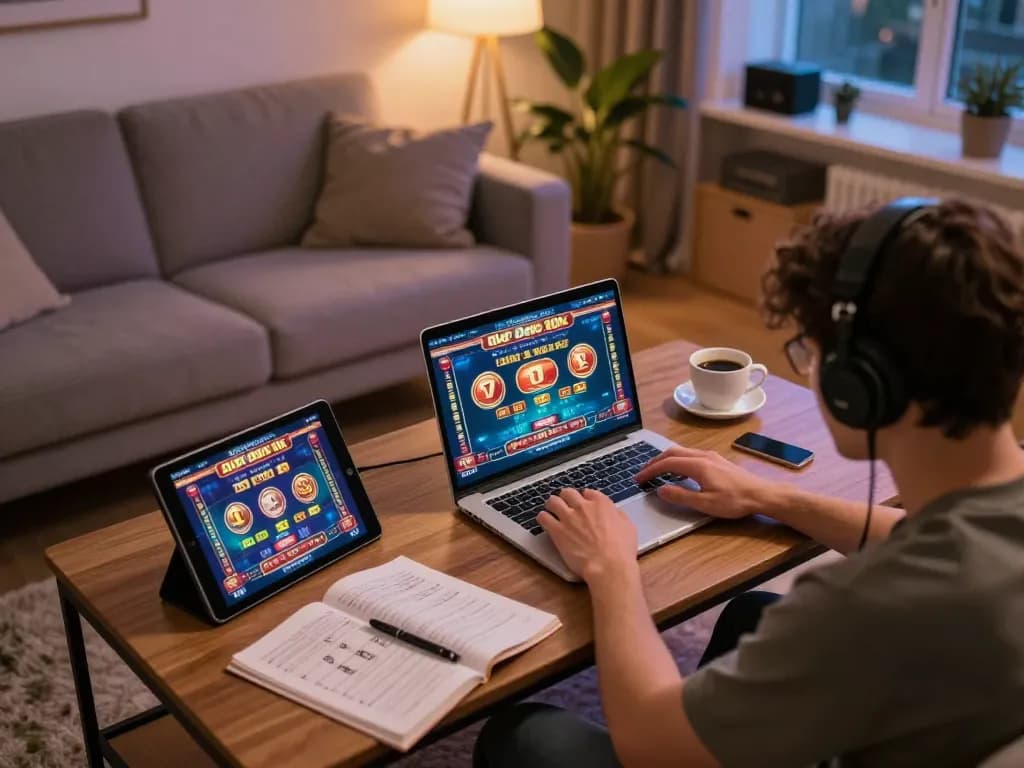 Engaging in slot depo 10k online gaming from a cozy home environment, showcasing a strategic gambling setup.