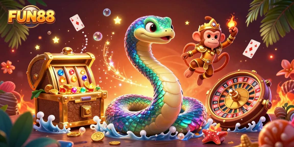 Get ready to play with FUN88's vibrant collection of slots and games in this lively 3D scene.