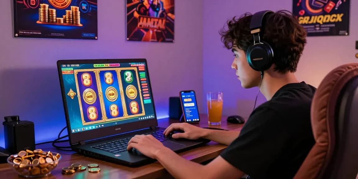 Gamer enjoying garuda303 with colorful slot game graphics on laptop, cozy home atmosphere
