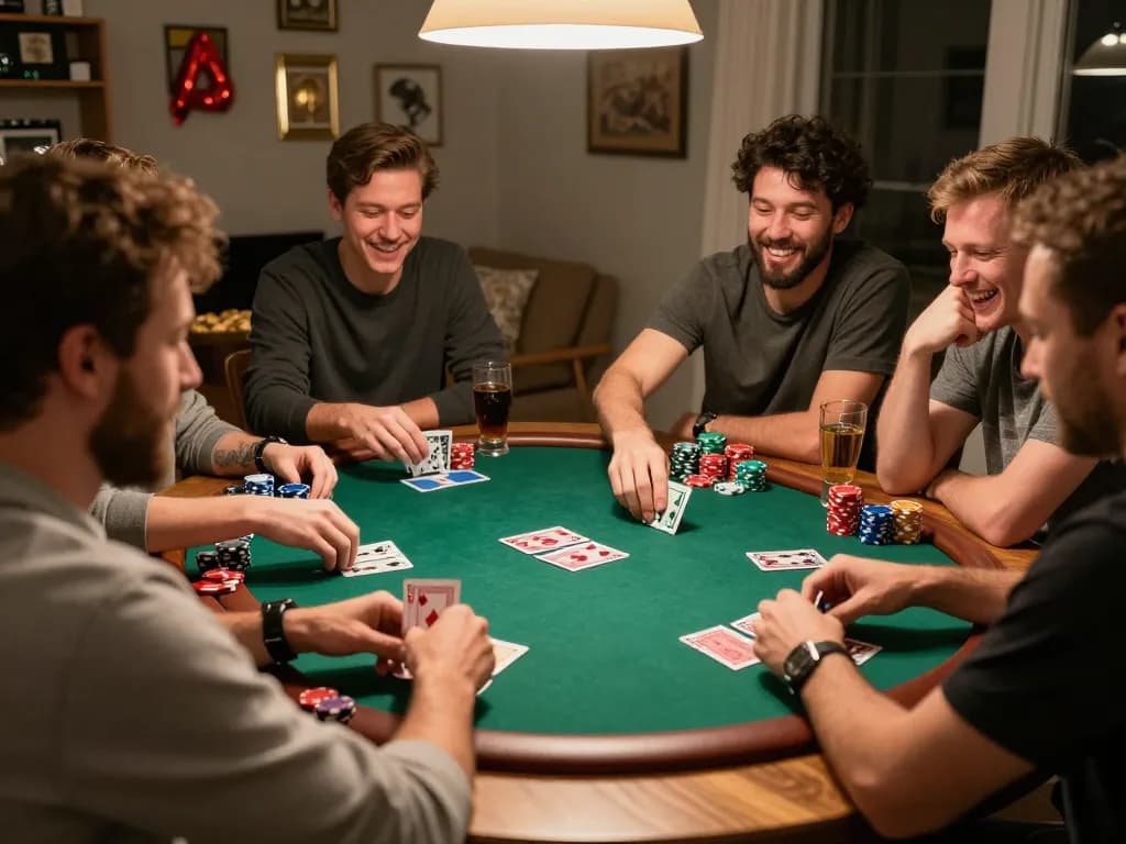 Friends enjoy a lively poker game night at home, showcasing 99win as a social gambling experience