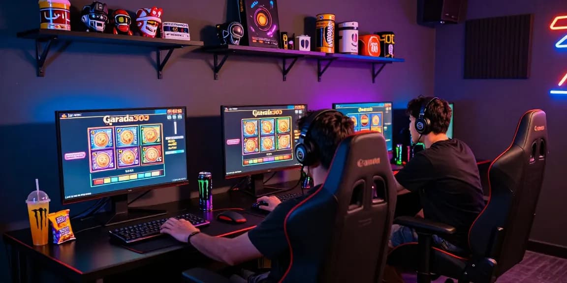 Gamer engaged in gameplay at garuda303 with vibrant screens and gaming setup.