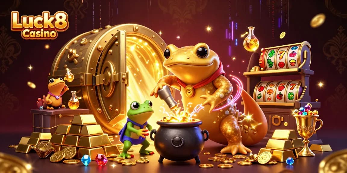 Experience the magic of Luck8 Casino with a vibrant alchemist scene transmuting gold.
