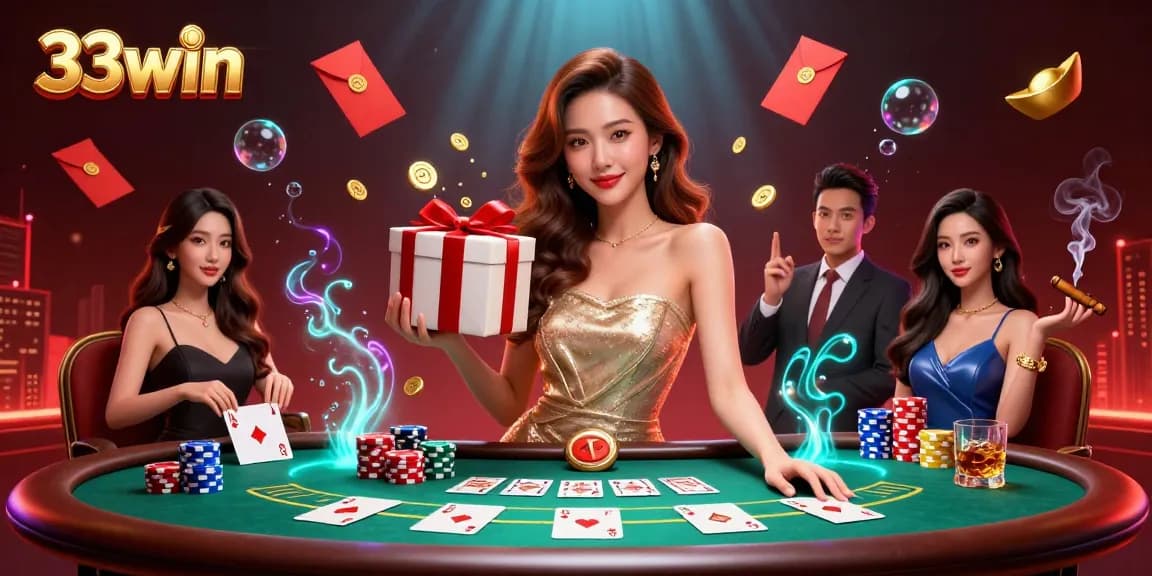 Engage with 33win as a stunning Asian woman celebrates wealth in a vibrant casino scene, surrounded by festive elements.