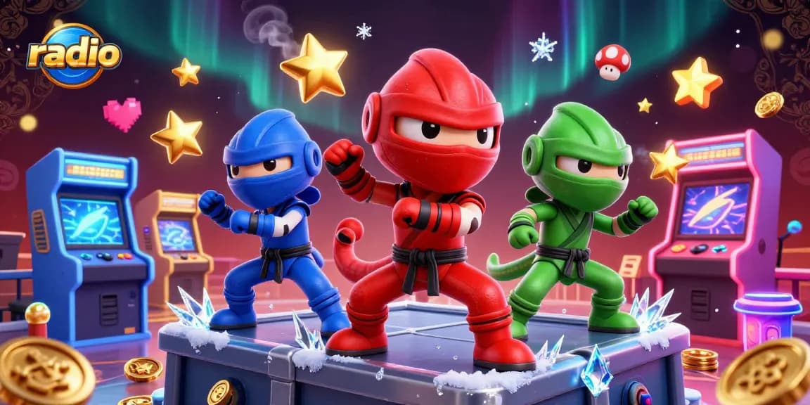 Experience thrilling gaming action as a ninja chameleon team engages on a radio-themed casino rooftop.