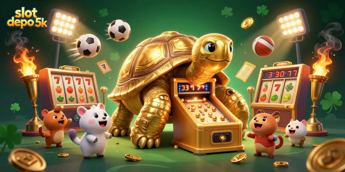 Experience exciting gameplay with slot depo 5k, featuring vibrant slot reels and golden tortoise.