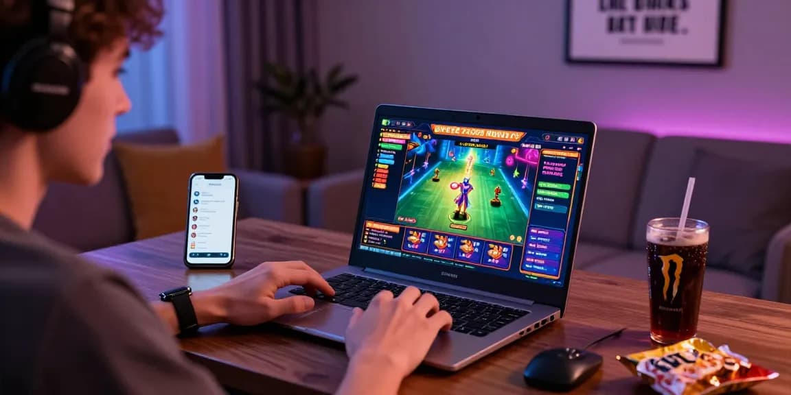 Engaged player on garuda303 online gaming platform enjoying vibrant game graphics in a stylish home setup.