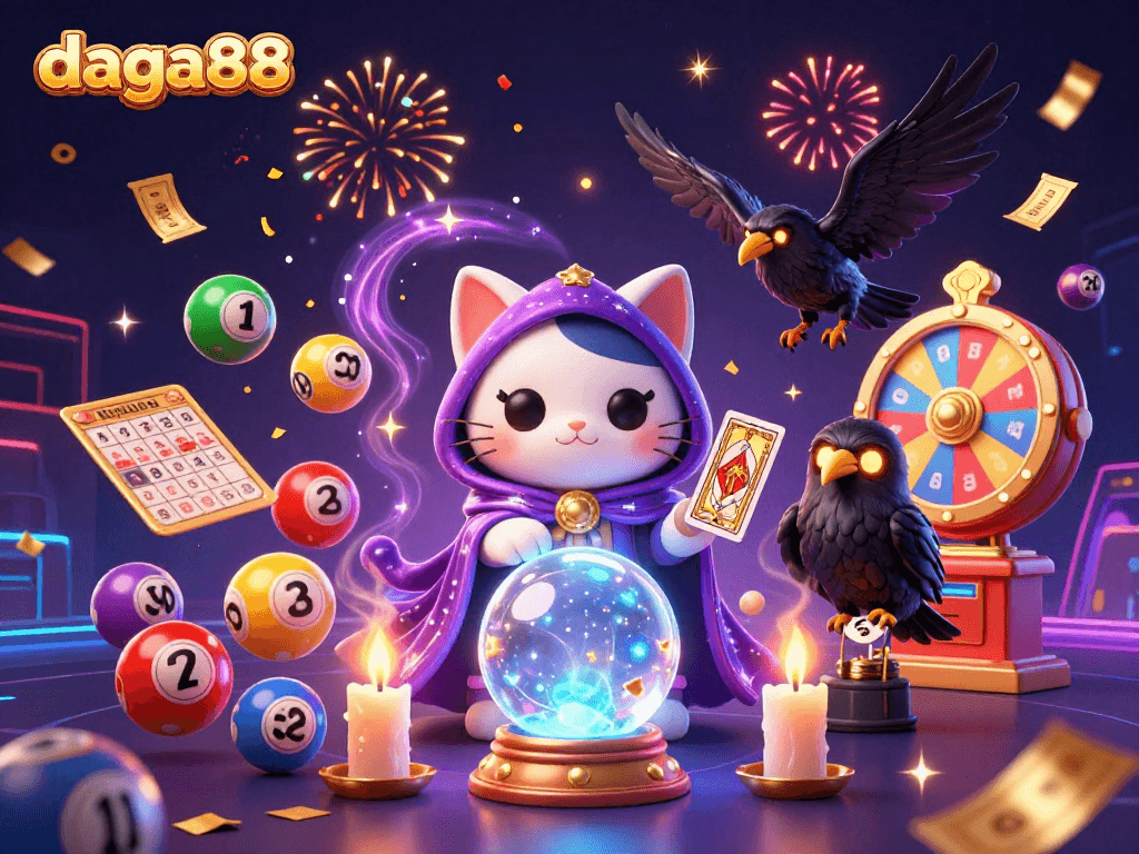 Dive into action at daga88 with vibrant lottery balls, fortune teller characters, and dynamic elements in an engaging casino scene.