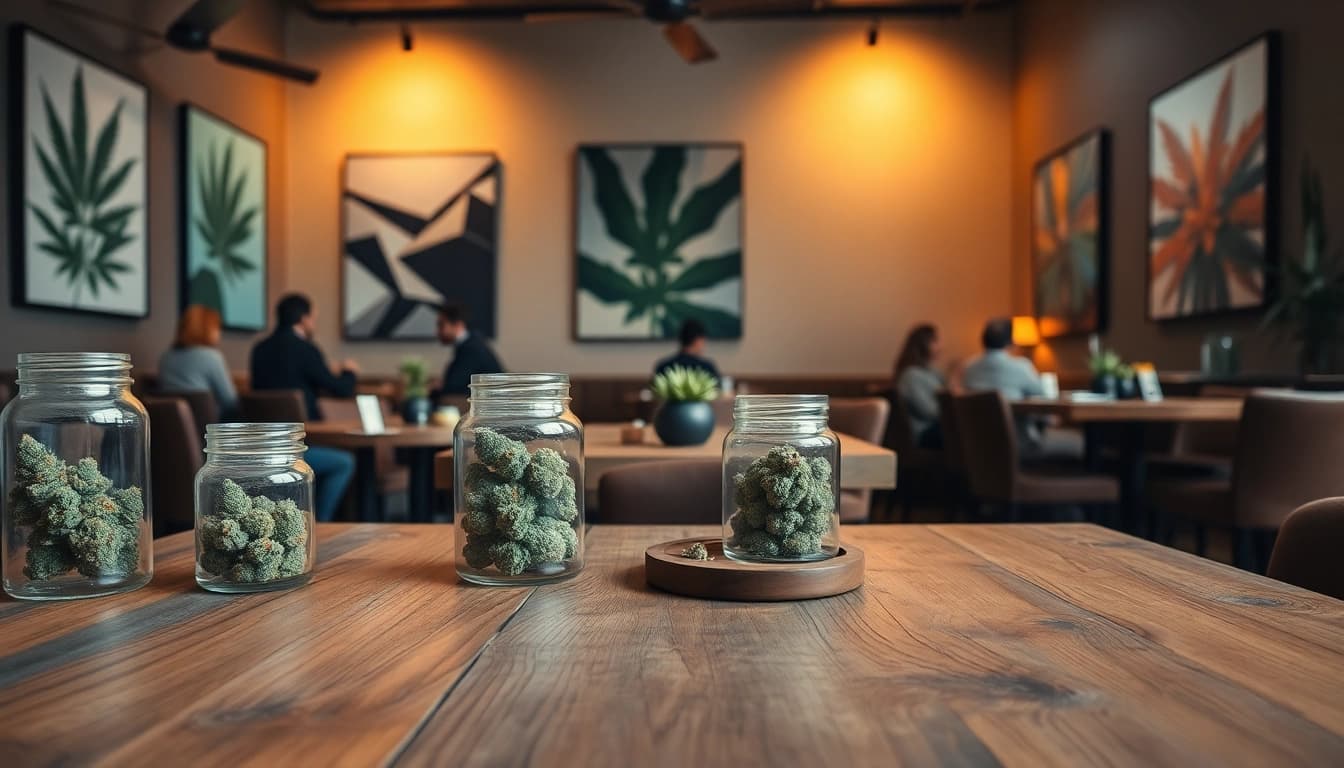 Gathering members at a vibrant cannabis club enjoying a relaxed atmosphere and products.