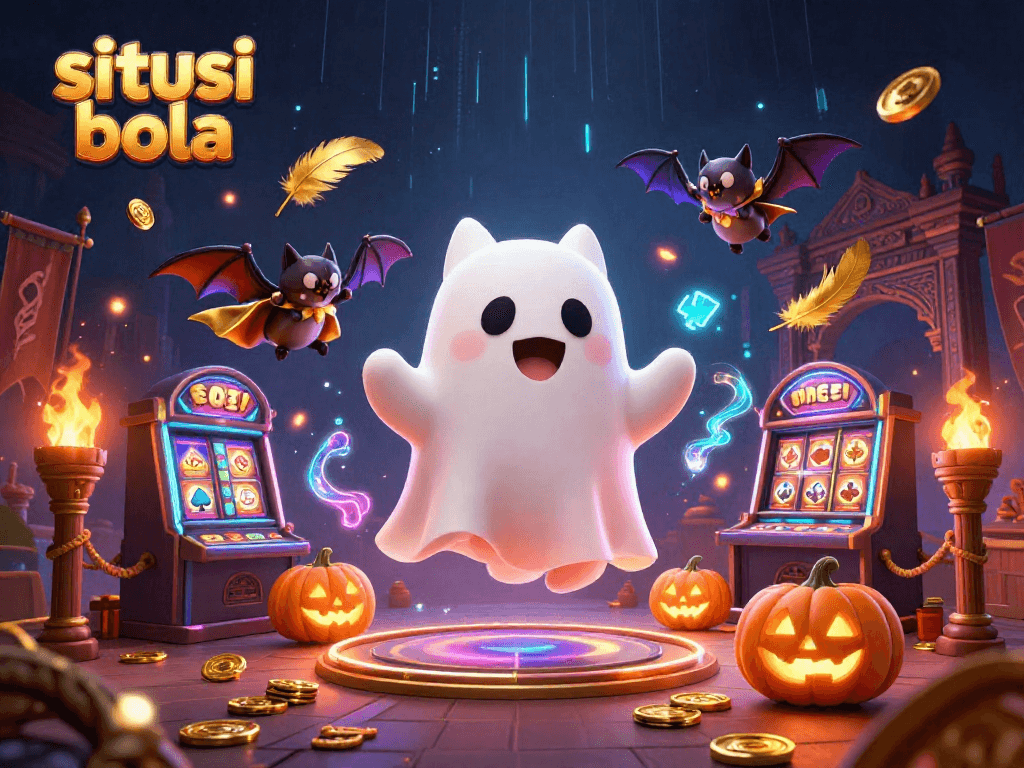 Engage in the thrilling world of situs judi bola with our vibrant ghost cat and vampire bat scene.