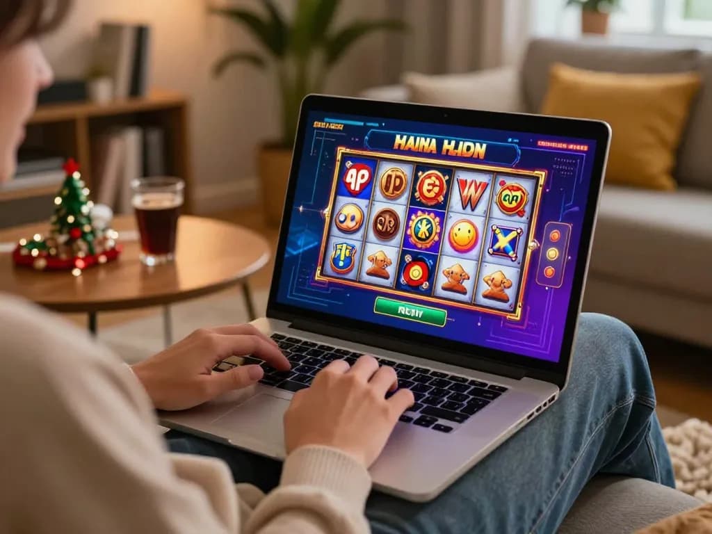 Player enjoying an online slot game on rr88 in a cozy home environment