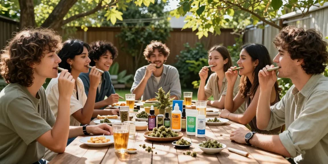 Experience the benefits of pre roll cannabis in a natural wellness gathering with CBD products and refreshing snacks.