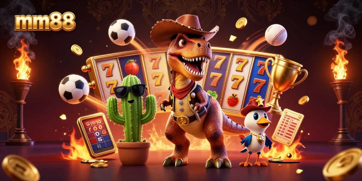 Experience thrilling gaming with mm88 in a vibrant, ultra-detailed 3D casino illustration featuring dynamic characters and elements.