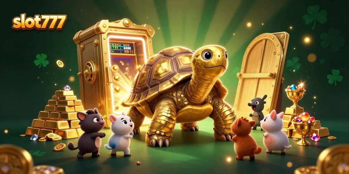 Experience the thrilling entertainment of slot777 with a vibrant scene of a golden tortoise and treasures.
