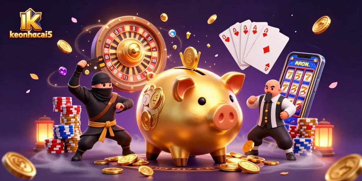 Witness keonhacai5's exciting showdown as a golden piggy bank sumo wrestler topples coins in a dynamic casino scene.