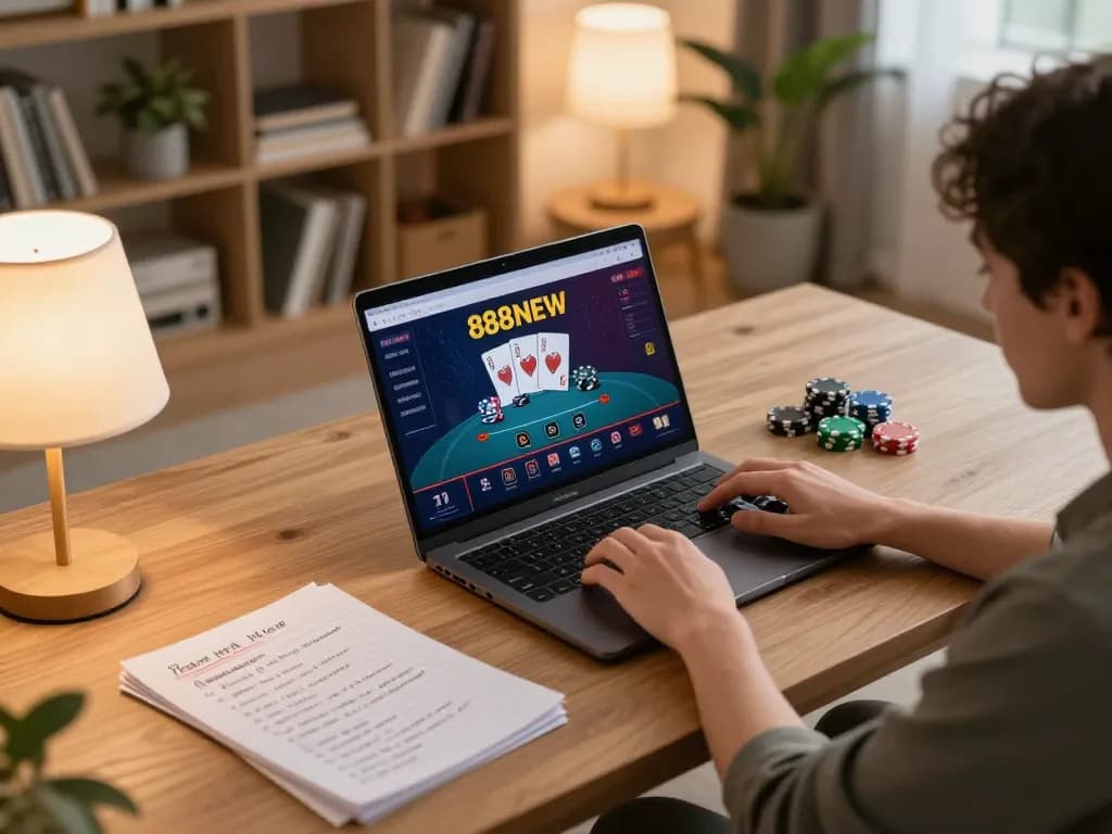 Engaging in strategic online gambling with 888NEW's interface, showcasing a warm home atmosphere.