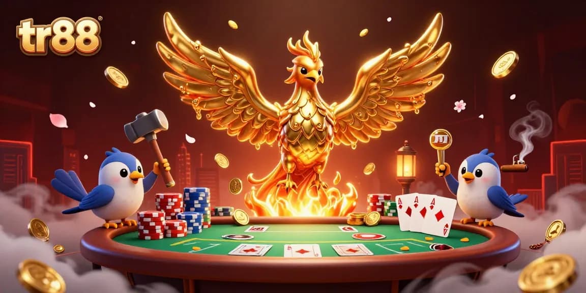 Experience thrilling gameplay at tr88 with a golden phoenix and poker elements in a dynamic casino scene.