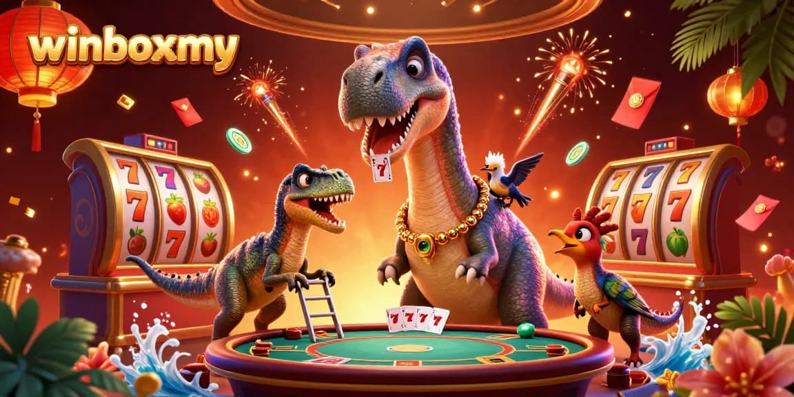 Experience the thrilling atmosphere of winboxmy's dynamic casino scene with colorful characters and slot games.