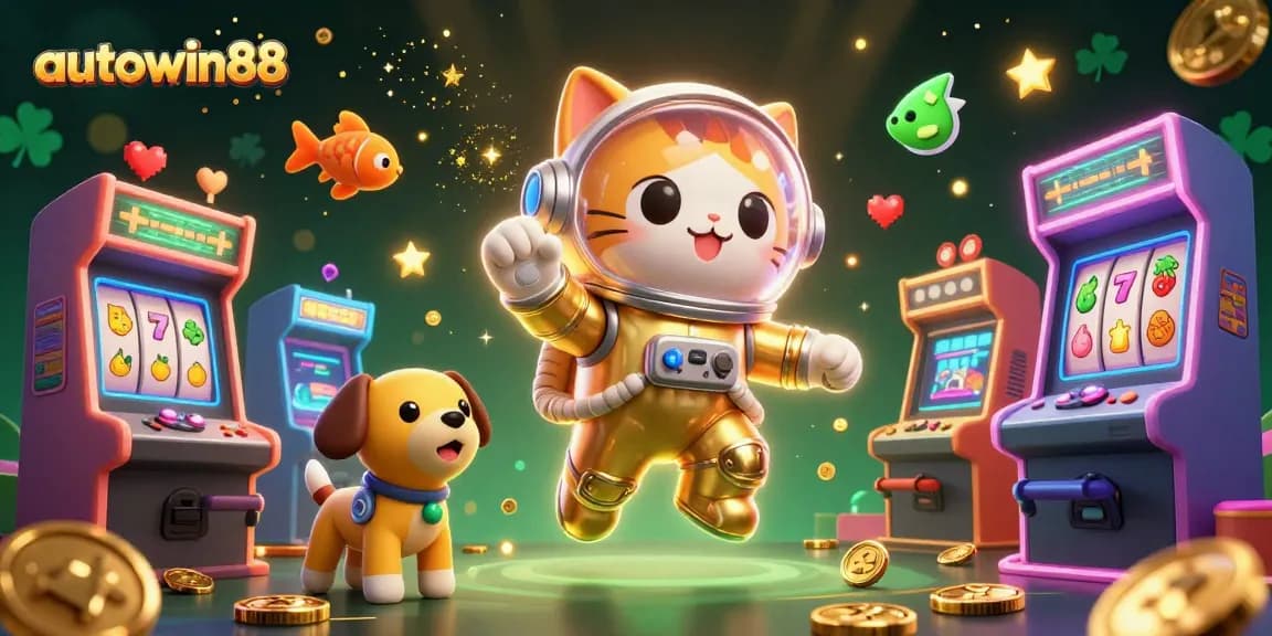 Engage with autowin88 for thrilling gameplay under a cosmic backdrop featuring a cartoon space cat and game elements.