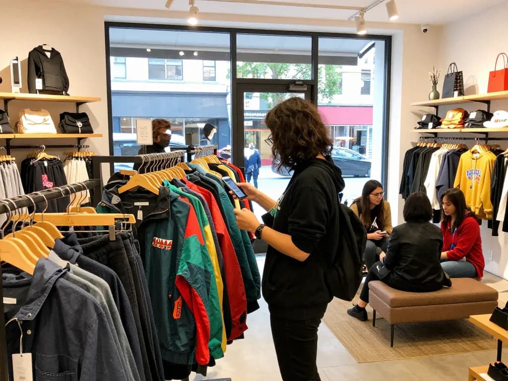 Urban shopping scene with a shopper examining a colorful jacket and smartphone near accessories, inspired by https://forumup.org/shop/search.php?ca_id=&addr1=&addr2=&addr3=&schKeyword=.