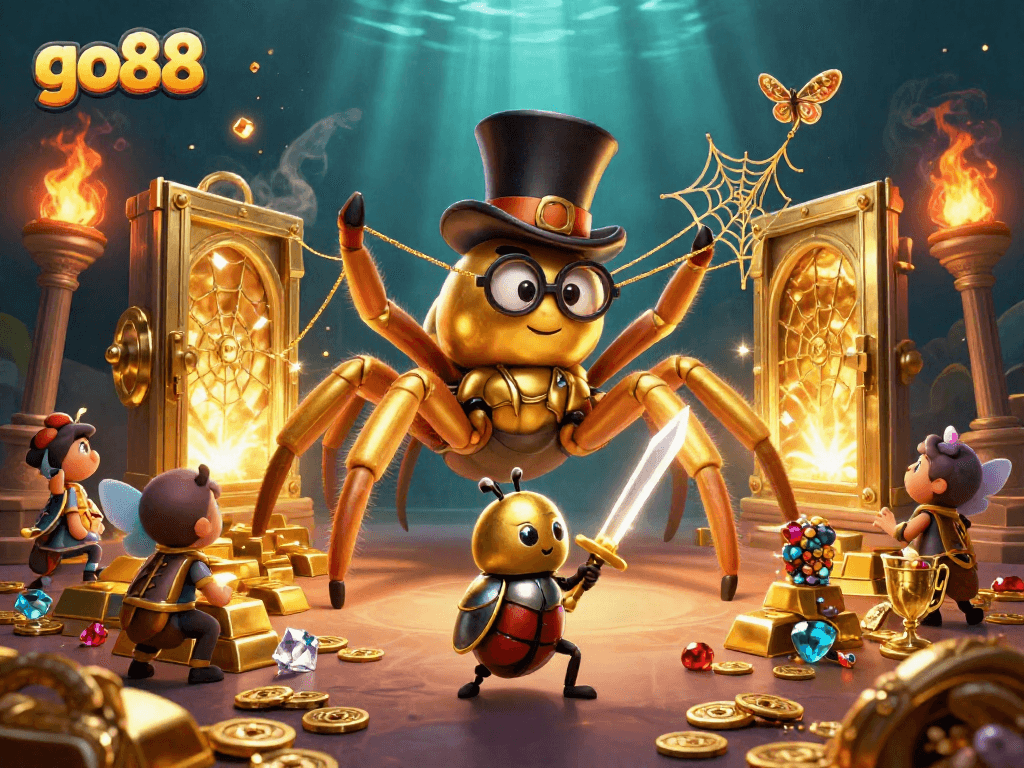 Engage with go88's exciting adventures as the golden tarantula weaves a treasure web in a vibrant casino