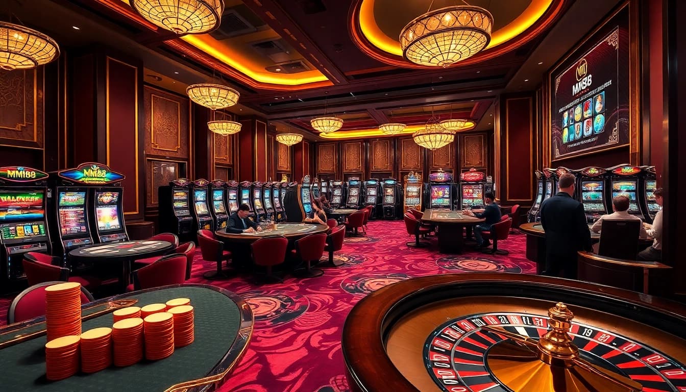 Experience the thrill at MM88 casino with players enjoying vibrant slot machines and poker games.