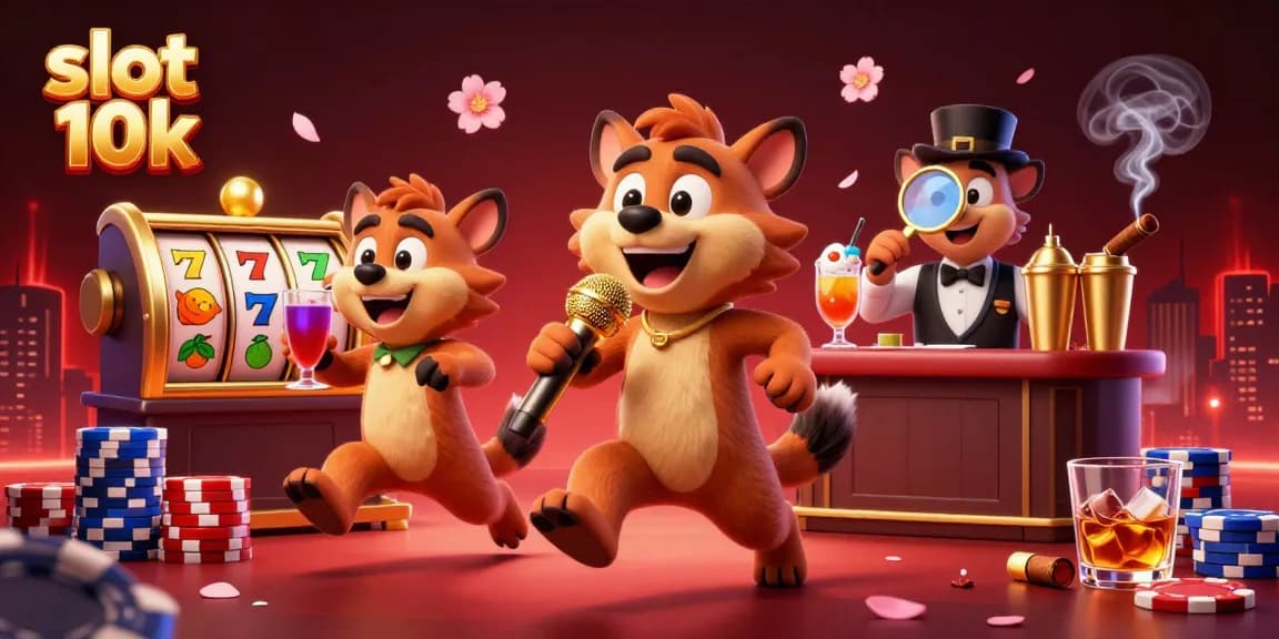 Engage with slot 10k features in a colorful 3D casino scene with hyenas and lively game elements.