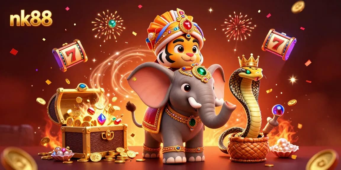 Engage with nk88's vibrant online casino world featuring a maharaja and jackpot treasures.