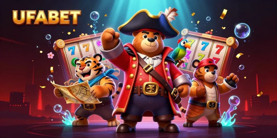 Win big with UFABET featuring a pirate bear and tiger in a vibrant casino scene.