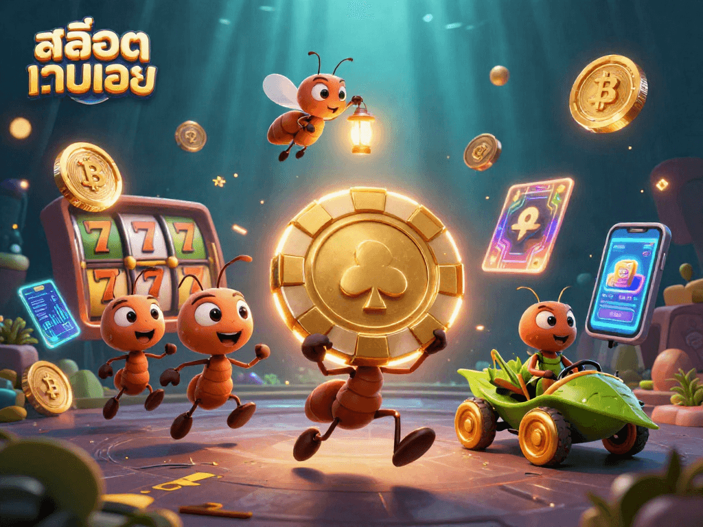 Engaged ants execute a thrilling heist featuring golden poker chips in a slot game scene, showcasing สล็อตเว็บตรง.