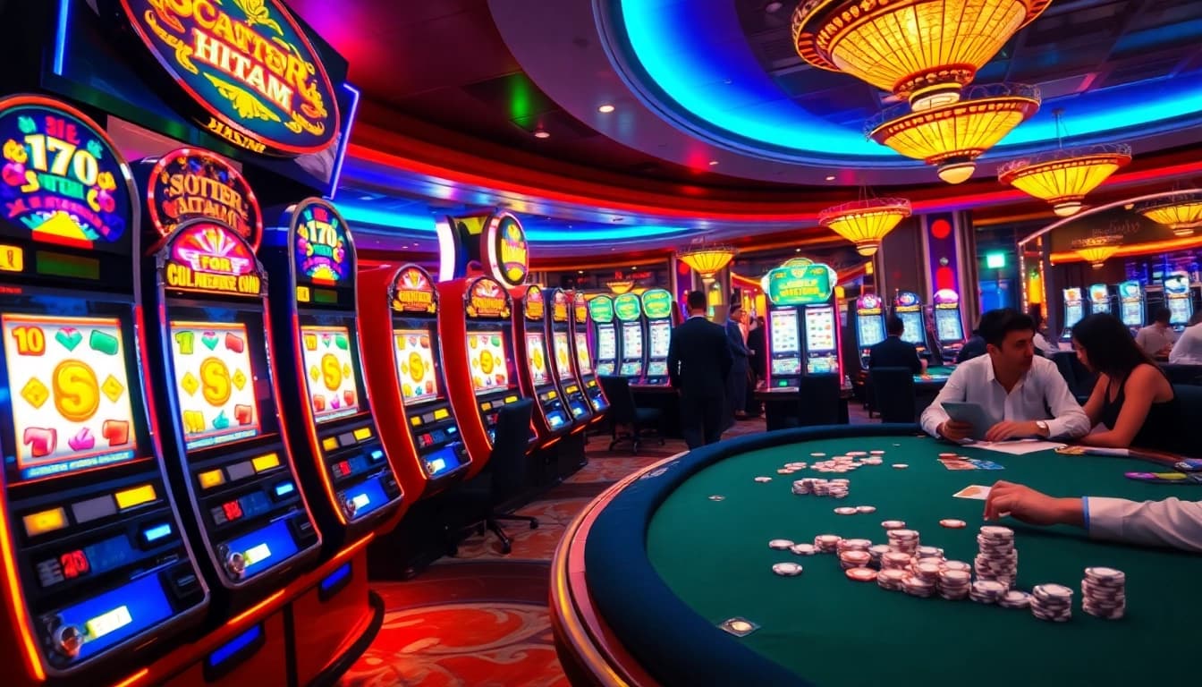 Exciting casino scene featuring scatter hitam symbols on slot machines, vibrant lights, and eager players.