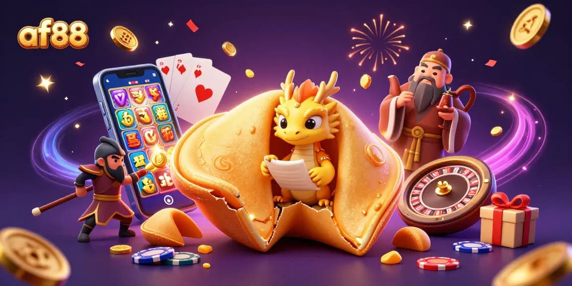 Experience the magic of af88 with golden coins and a lucky fortune cookie in this vibrant casino scene.