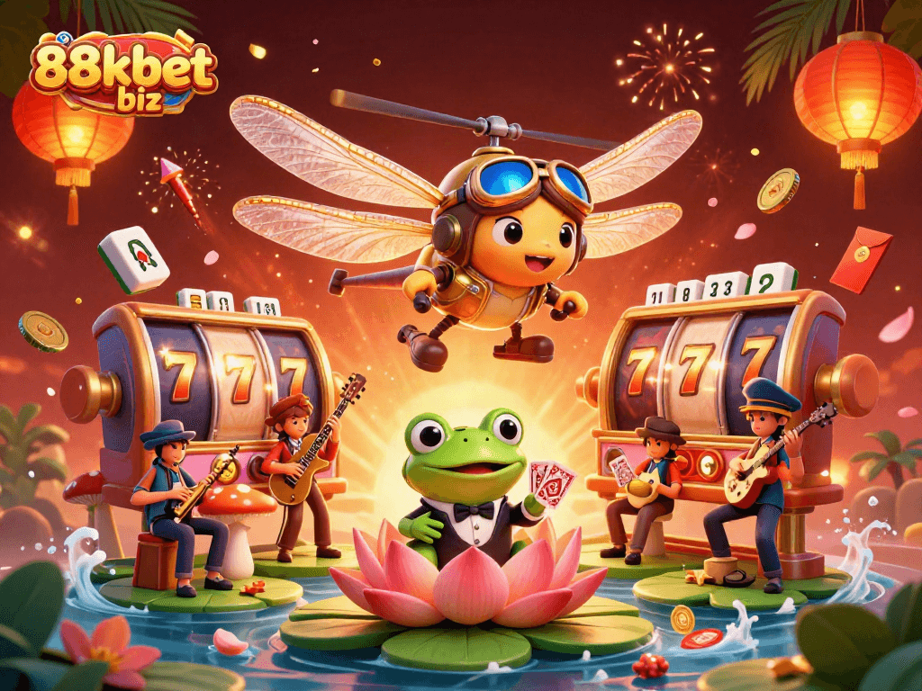 Engage with thrilling casino action featuring 88kbet biz's vibrant dragonfly pilot and frog dealer in a rich 3D scene.
