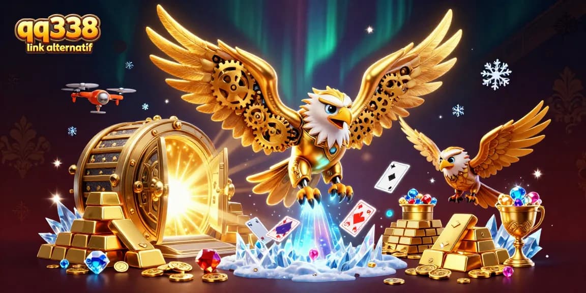 Immerse in the thrill of gaming with qq338 link alternatif showcasing an eagle diving amidst holographic cards.