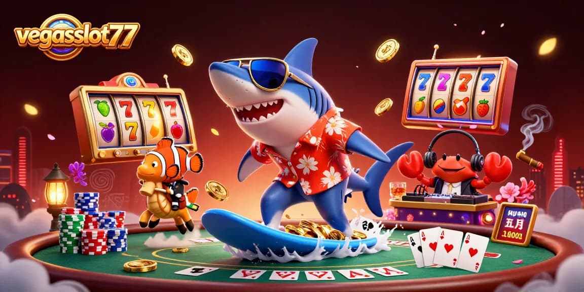 Experience exciting gameplay with vegasslot77: a dynamic cartoon illustration combining a surfing shark and casino elements.