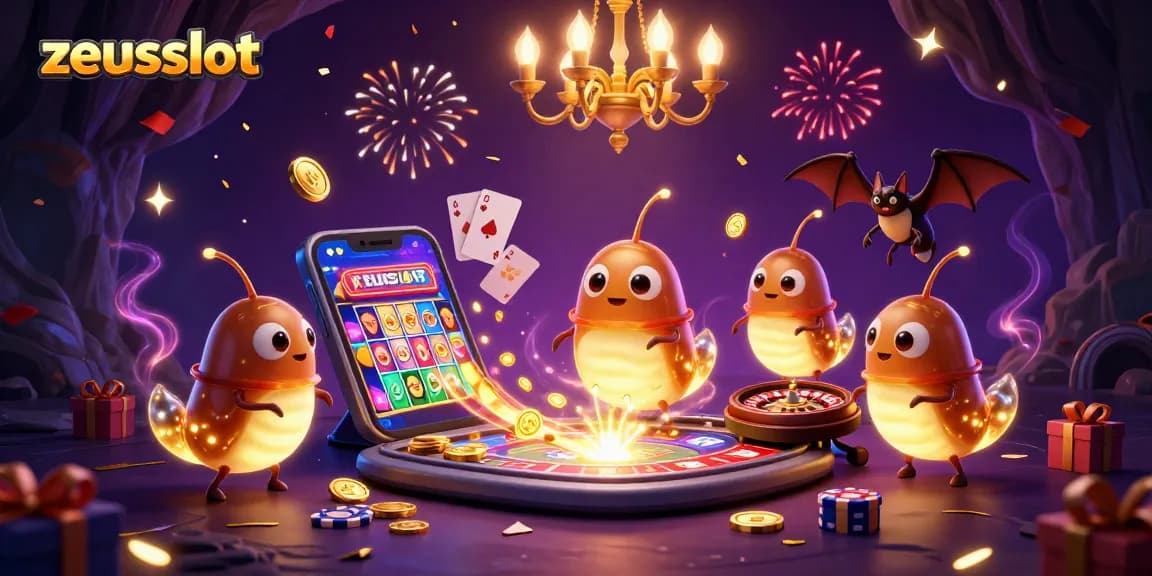 Experience zeusslot excitement with glowing cave illustrations, slot games, and energetic casino elements.