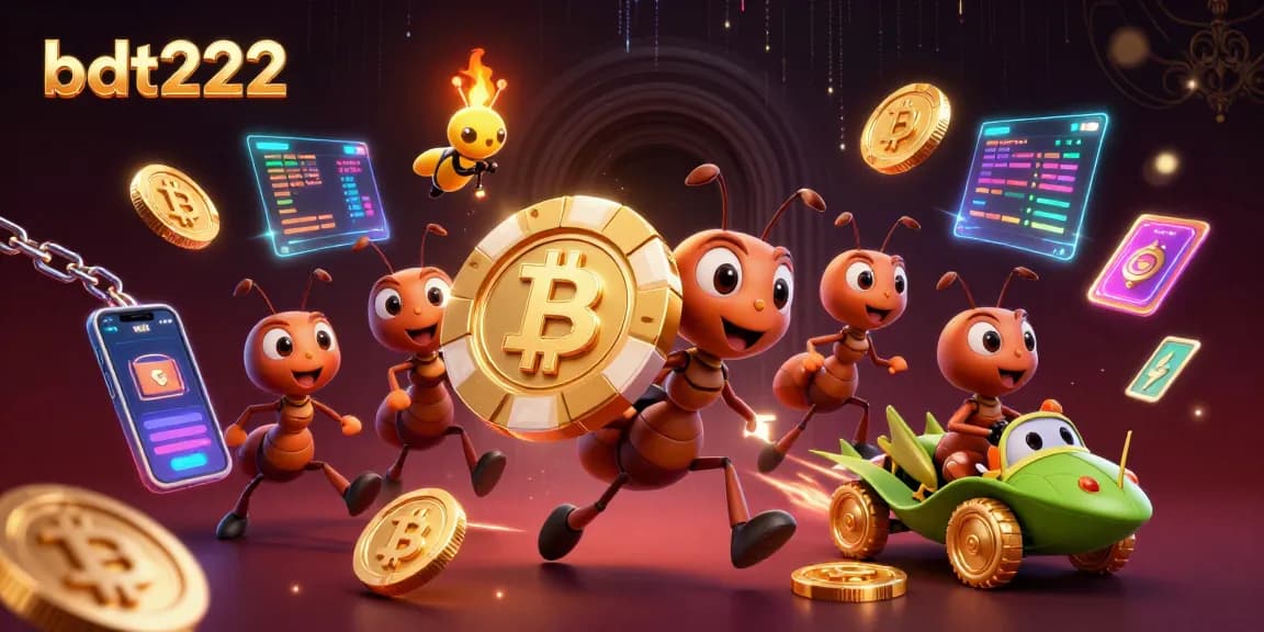 Experience the thrill of bdt222 with ants heisting a giant poker chip amidst vibrant casino elements.