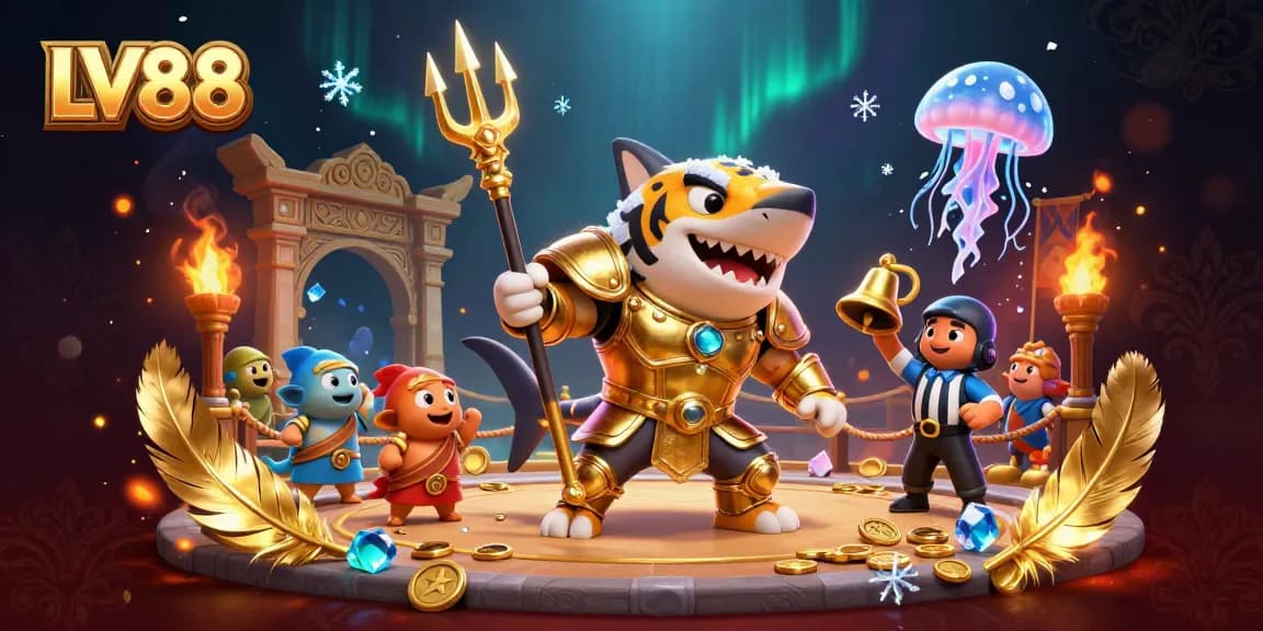 Engage with immersive LV88 casino action featuring a majestic tiger shark in an underwater arena.
